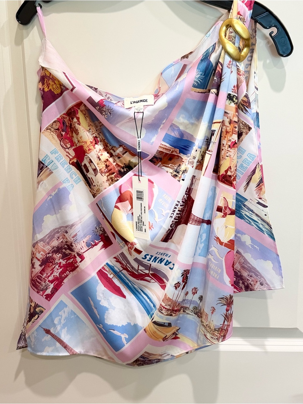L'AGENCE Pink Multi-Print Asymmetrical Silk Top with Gold Ring